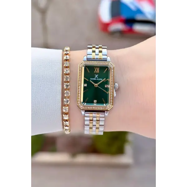 Kadranı Yeşil Kordonu Gold Gümüş Renk Kadın Kol Saati Ve Bileklik