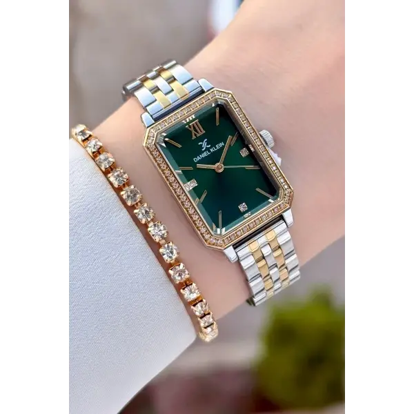 Kadranı Yeşil Kordonu Gold Gümüş Renk Kadın Kol Saati Ve Bileklik