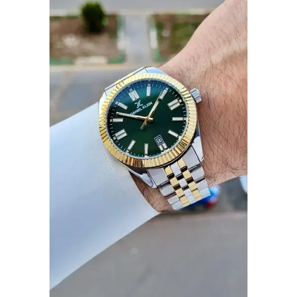 Kadranı Yeşil Kordonu Gold Gümüş Renk Takvimli Erkek Kol Saati