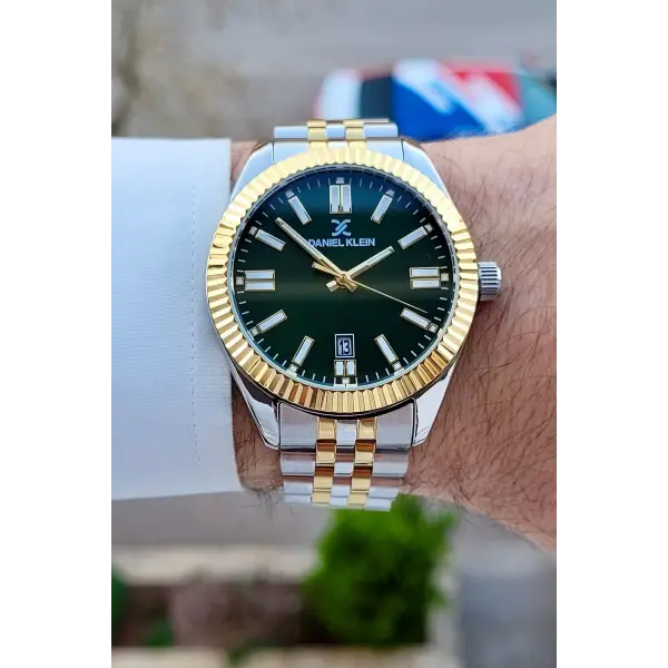 Kadranı Yeşil Kordonu Gold Gümüş Renk Takvimli Erkek Kol Saati