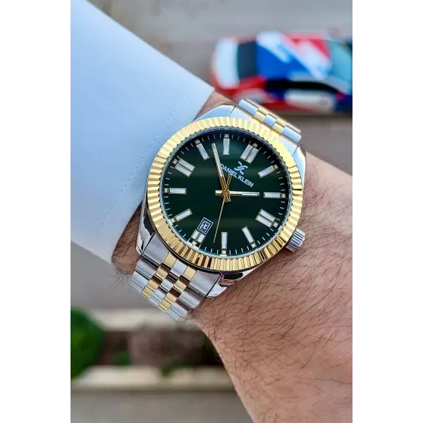 Kadranı Yeşil Kordonu Gold Gümüş Renk Takvimli Erkek Kol Saati