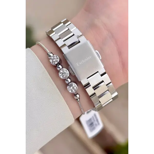 Gümüş Renk Iç Göstergeleri Aktif Kadın Kol Saati Ve Bileklik