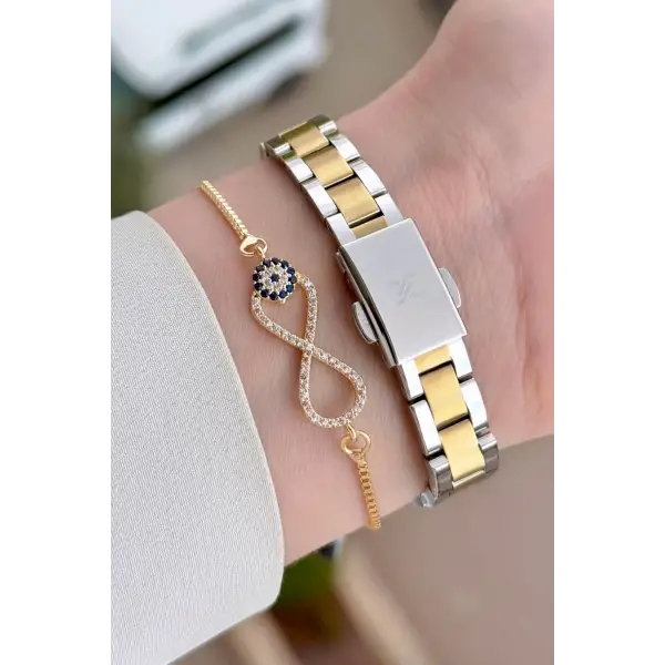 Gold Gümüş Renk Hediye Paketli Kadın Kol Saati Ve Bileklik