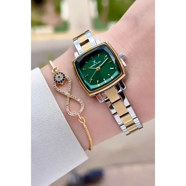 Kadranı Yeşil Gold Gümüş Renk Hediye Paketli Kadın Kol Saati Ve Bileklik