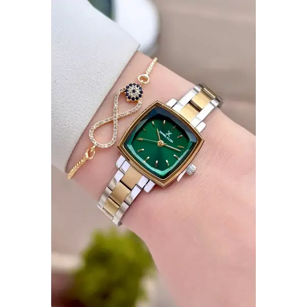 Kadranı Yeşil Gold Gümüş Renk Hediye Paketli Kadın Kol Saati Ve Bileklik