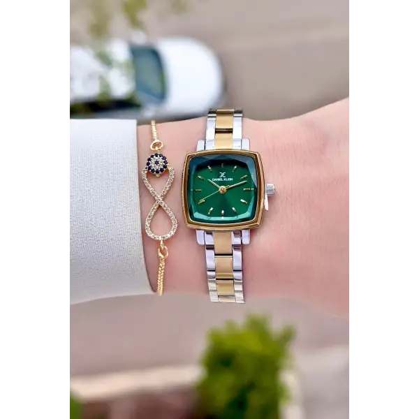 Kadranı Yeşil Gold Gümüş Renk Hediye Paketli Kadın Kol Saati Ve Bileklik