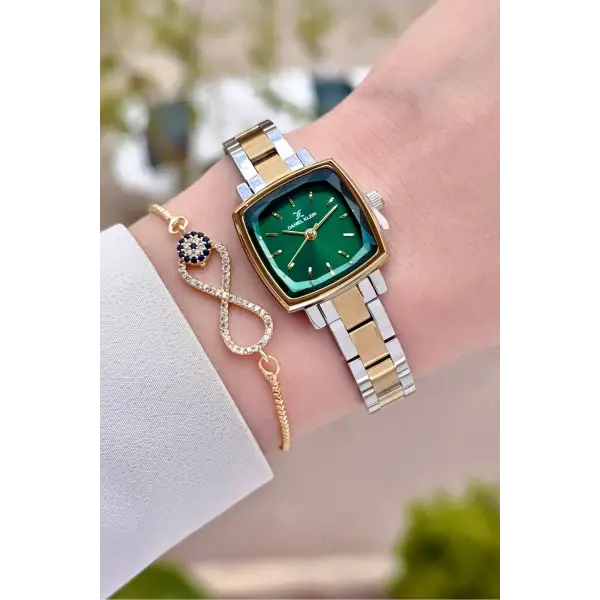 Kadranı Yeşil Gold Gümüş Renk Hediye Paketli Kadın Kol Saati Ve Bileklik