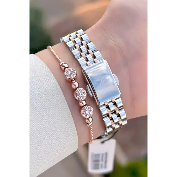 Rose Gümüş Renk Kadın Kol Saati ve Bileklik