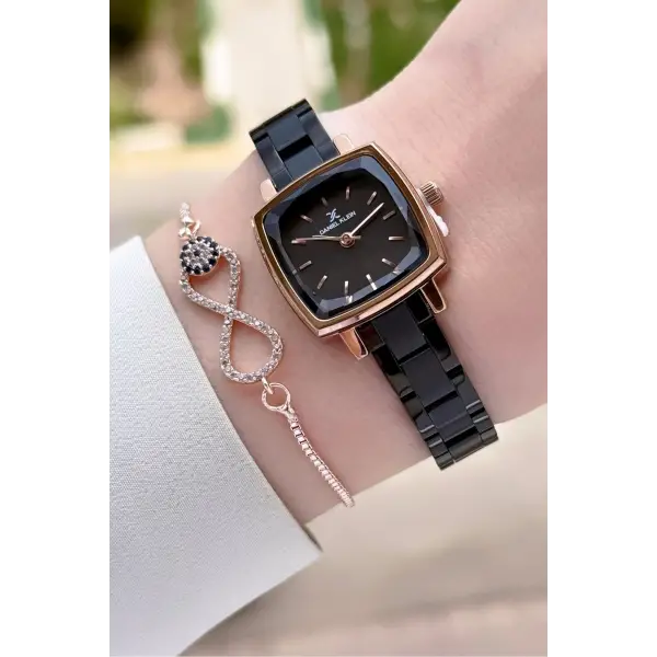 Rose Siyah Renk Kadın Kol Saati Ve Bileklik