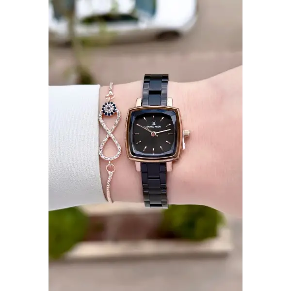 Rose Siyah Renk Kadın Kol Saati Ve Bileklik