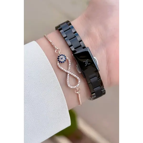 Rose Siyah Renk Kadın Kol Saati Ve Bileklik