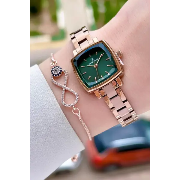 Kadranı Yeşil Kordonu Rose Renk Kadın Kol Saati Ve Bileklik