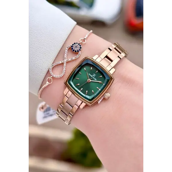 Kadranı Yeşil Kordonu Rose Renk Kadın Kol Saati Ve Bileklik
