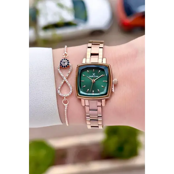 Kadranı Yeşil Kordonu Rose Renk Kadın Kol Saati Ve Bileklik