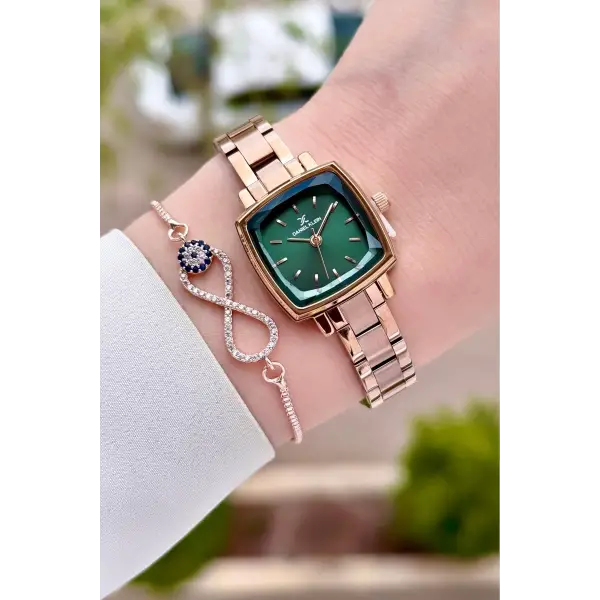Kadranı Yeşil Kordonu Rose Renk Kadın Kol Saati Ve Bileklik