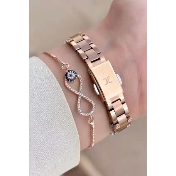 Kadranı Yeşil Kordonu Rose Renk Kadın Kol Saati Ve Bileklik