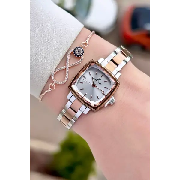 Rose Gümüş Renk Kadın Kol Saati Ve Bileklik