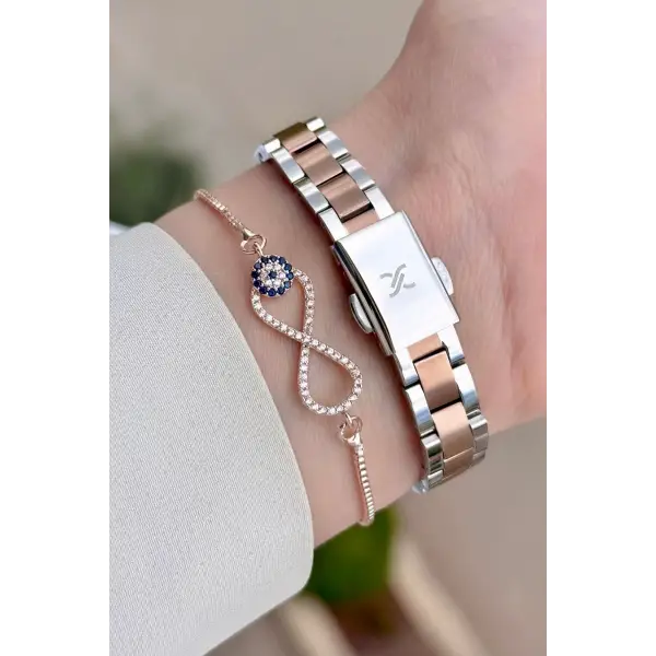 Rose Gümüş Renk Kadın Kol Saati Ve Bileklik