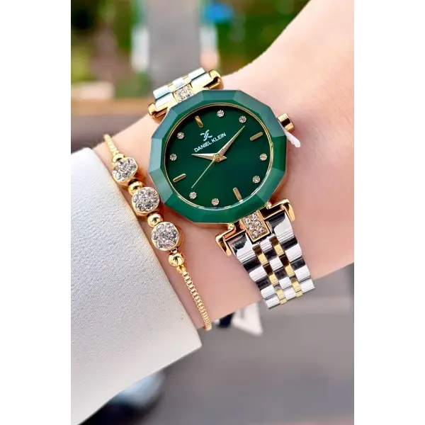 Kadranı Yeşil Kordonu Gold Gümüş Renk 30 Mm Kadın Kol Saati Ve Bileklik