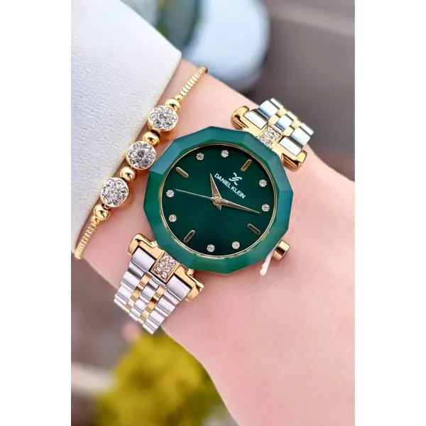 Kadranı Yeşil Kordonu Gold Gümüş Renk 30 Mm Kadın Kol Saati Ve Bileklik