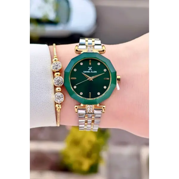 Kadranı Yeşil Kordonu Gold Gümüş Renk 30 Mm Kadın Kol Saati Ve Bileklik