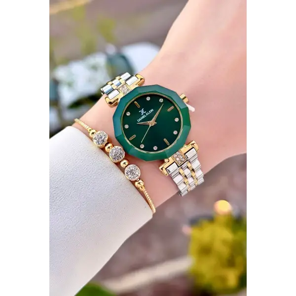 Kadranı Yeşil Kordonu Gold Gümüş Renk 30 Mm Kadın Kol Saati Ve Bileklik