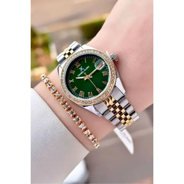 Kadranı Yeşil Kordonu Gold Gümüş Renk 32,5 Mm Takvimli Kadın Kol Saati Ve Bileklik