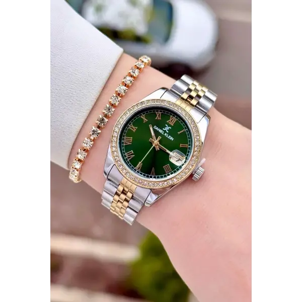 Kadranı Yeşil Kordonu Gold Gümüş Renk 32,5 Mm Takvimli Kadın Kol Saati Ve Bileklik