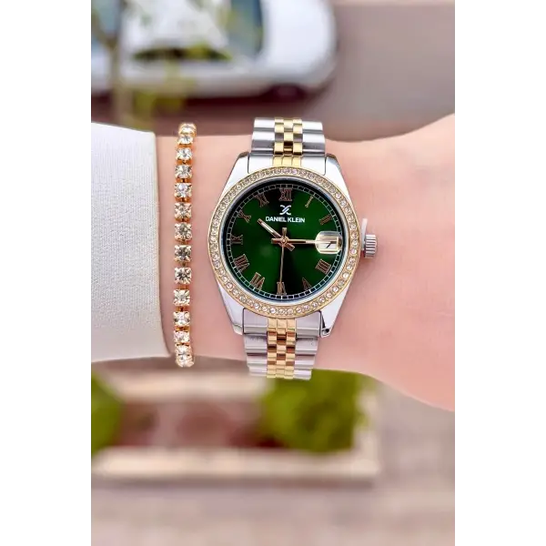 Kadranı Yeşil Kordonu Gold Gümüş Renk 32,5 Mm Takvimli Kadın Kol Saati Ve Bileklik