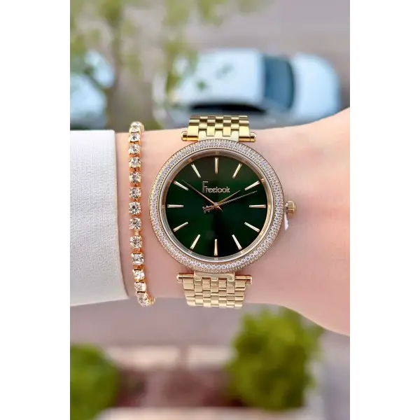 Kadranı Yeşil Kordonu Gold Renk 38 mm Kadın Kol Saati ve Bileklik