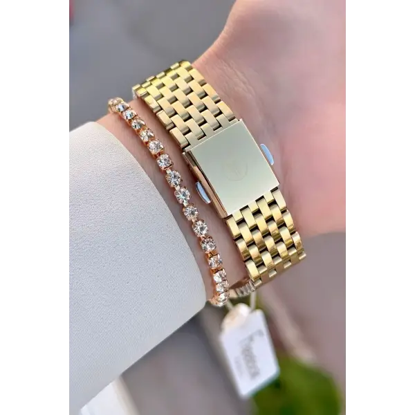 Kadranı Yeşil Kordonu Gold Renk 38 mm Kadın Kol Saati ve Bileklik