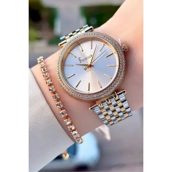 Gold Gümüş Renk 38 mm Kadın Kol Saati ve Bileklik