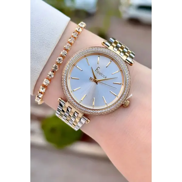 Gold Gümüş Renk 38 mm Kadın Kol Saati ve Bileklik