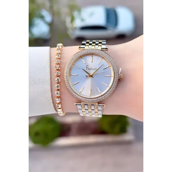 Gold Gümüş Renk 38 mm Kadın Kol Saati ve Bileklik