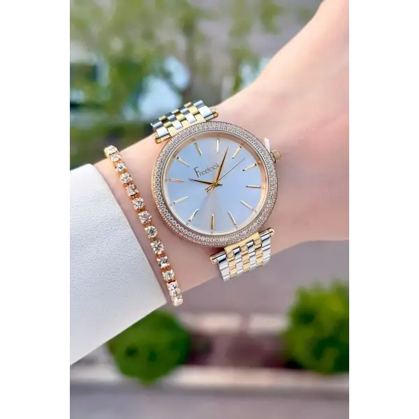 Gold Gümüş Renk 38 mm Kadın Kol Saati ve Bileklik