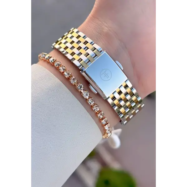 Gold Gümüş Renk 38 mm Kadın Kol Saati ve Bileklik