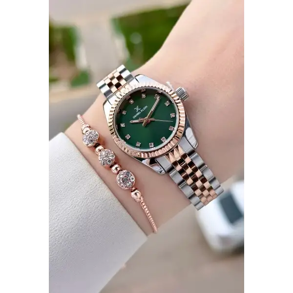 Kadranı Yeşil Kordonu Rose Gümüş Renk Hediye Paketli Kadın Kol Saati Ve Bileklik