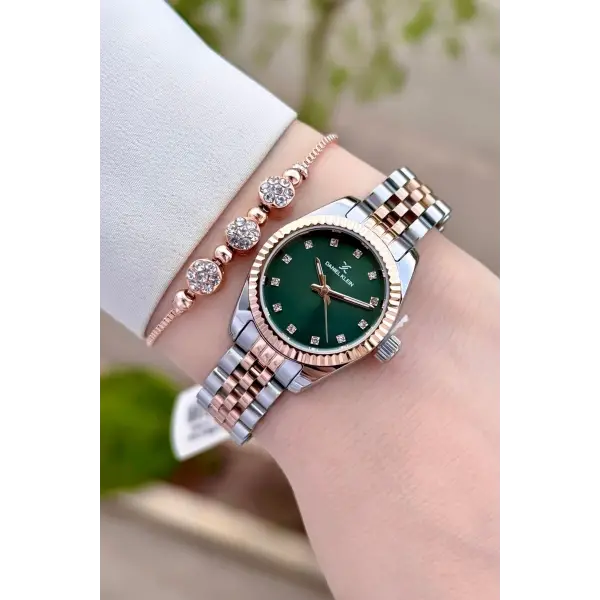Kadranı Yeşil Kordonu Rose Gümüş Renk Hediye Paketli Kadın Kol Saati Ve Bileklik