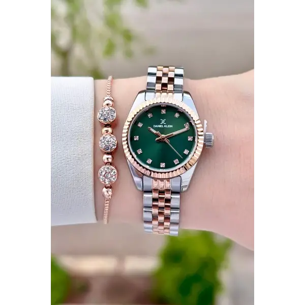 Kadranı Yeşil Kordonu Rose Gümüş Renk Hediye Paketli Kadın Kol Saati Ve Bileklik