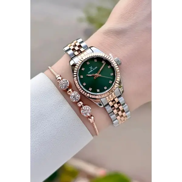 Kadranı Yeşil Kordonu Rose Gümüş Renk Hediye Paketli Kadın Kol Saati Ve Bileklik