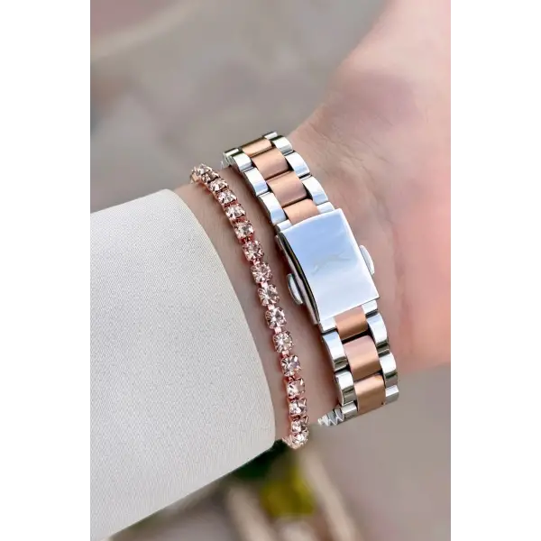 Rose Gümüş Renk 30 Mm Kadın Kol Saati Ve Bileklik