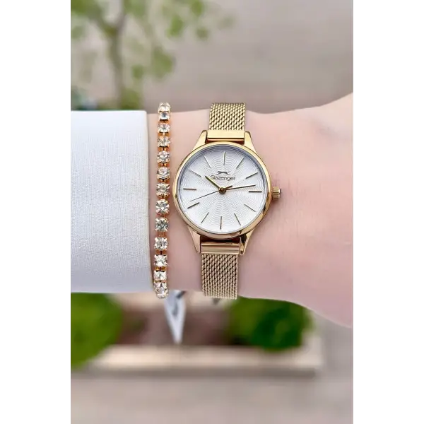 Gold Renk 25 Mm Kadın Kol Saati Ve Bileklik