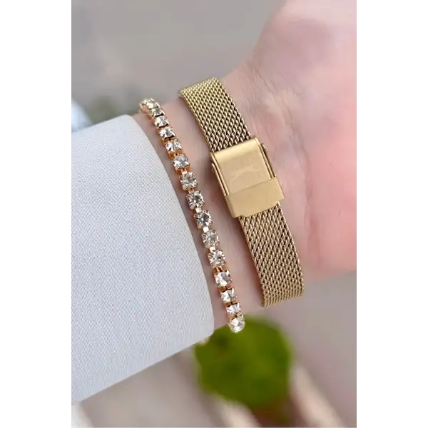 Gold Renk 25 Mm Kadın Kol Saati Ve Bileklik