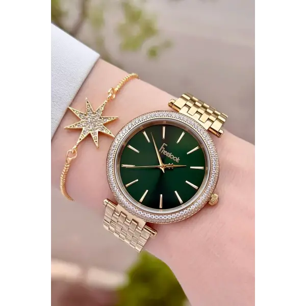 Kadranı Yeşil Kordonu Gold Renk 38 Mm Kadın Kol Saati Ve Bileklik