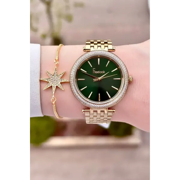 Kadranı Yeşil Kordonu Gold Renk 38 Mm Kadın Kol Saati Ve Bileklik