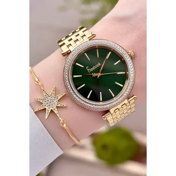 Kadranı Yeşil Kordonu Gold Renk 38 Mm Kadın Kol Saati Ve Bileklik