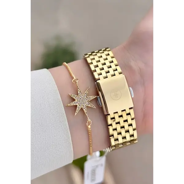 Kadranı Yeşil Kordonu Gold Renk 38 Mm Kadın Kol Saati Ve Bileklik