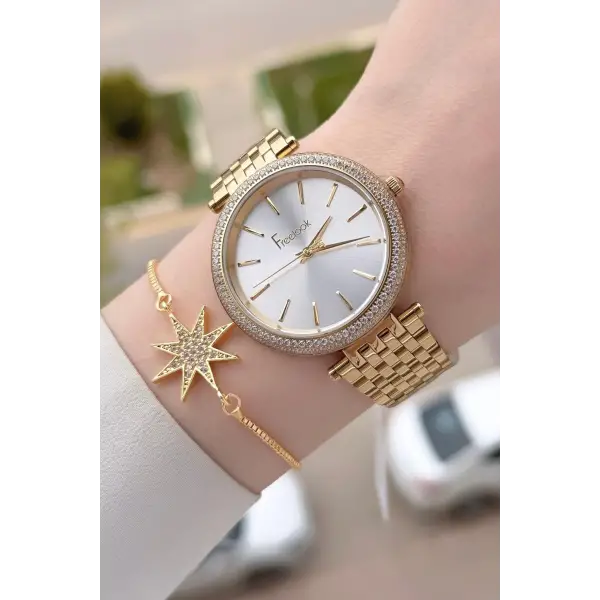 Gold Renk 38 Mm Kadın Kol Saati Ve Bileklik