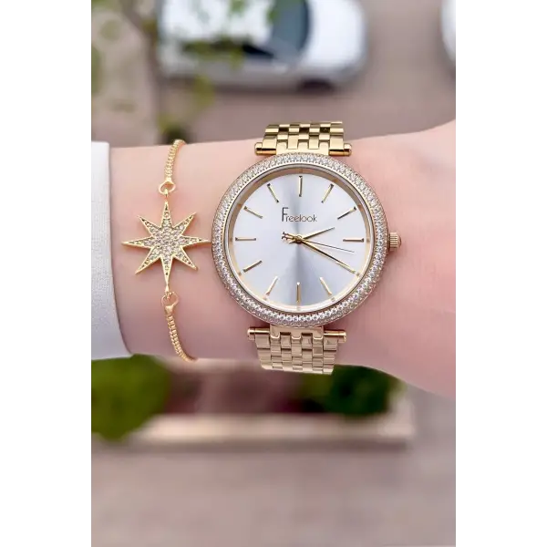 Gold Renk 38 Mm Kadın Kol Saati Ve Bileklik