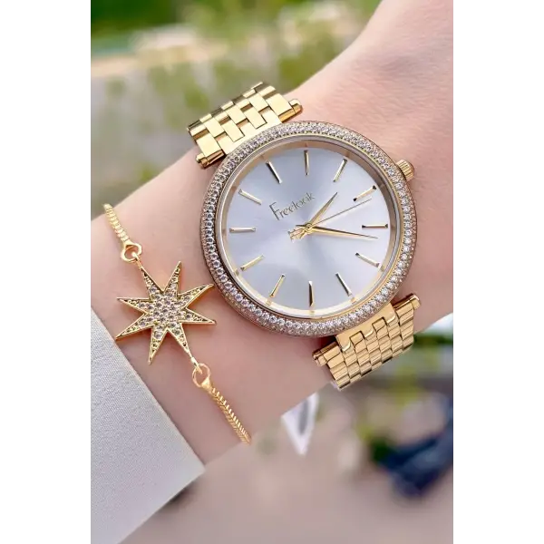 Gold Renk 38 Mm Kadın Kol Saati Ve Bileklik